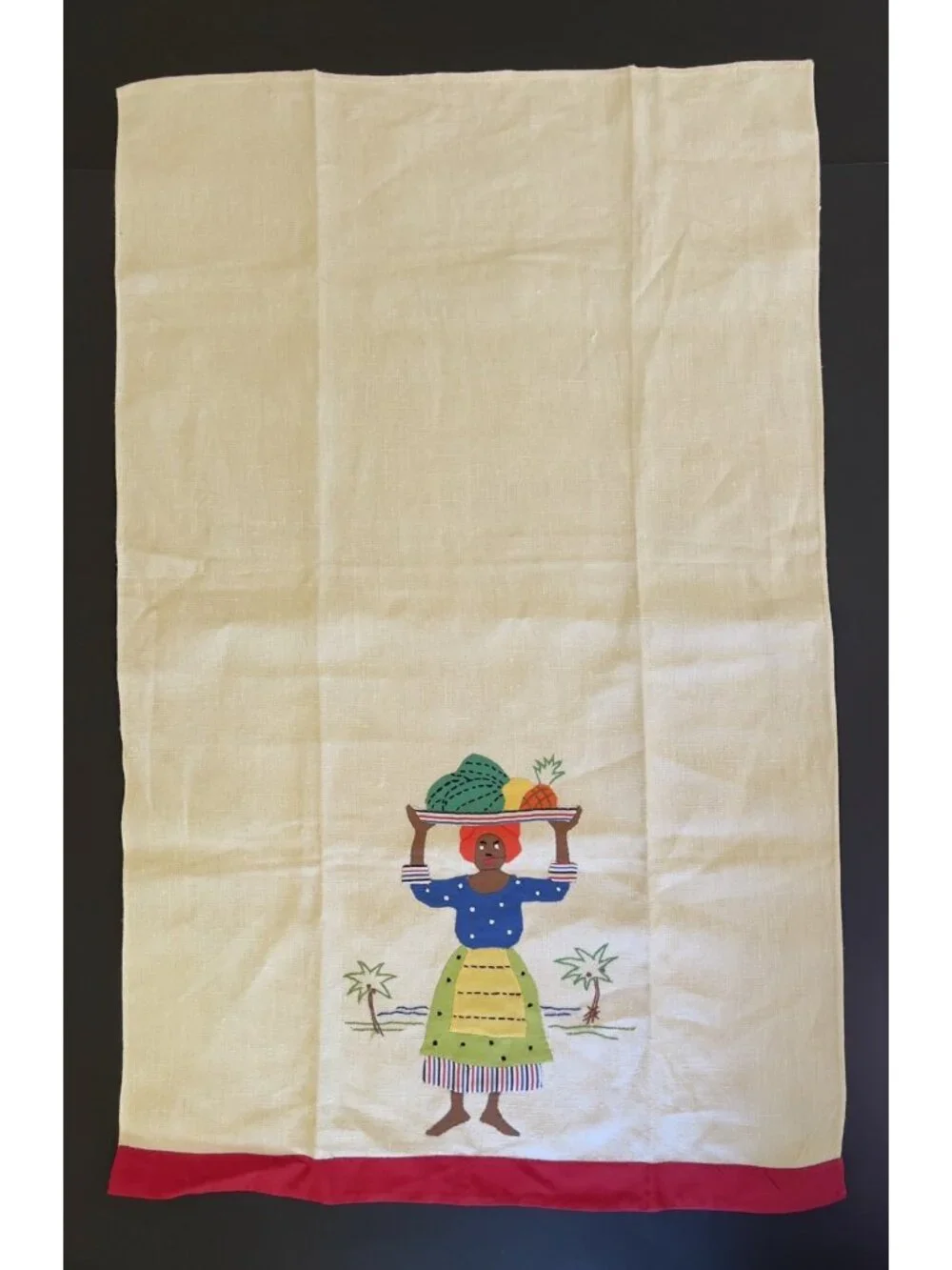 Vintage Jamaican Allsides Workroom Applique Linen Tea Towels Pair Folk Art Set